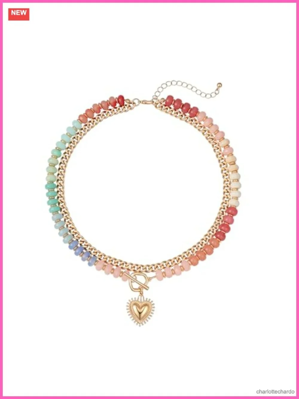 Layered Acrylic Bead Choker Necklace with 14k Gold Plated Heart Pendant for